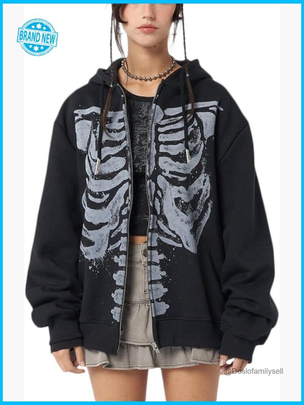 Y2K Graphic Oversized Zip Hoodie Grunge Punk Emo Skeleton Harajuku Vintage